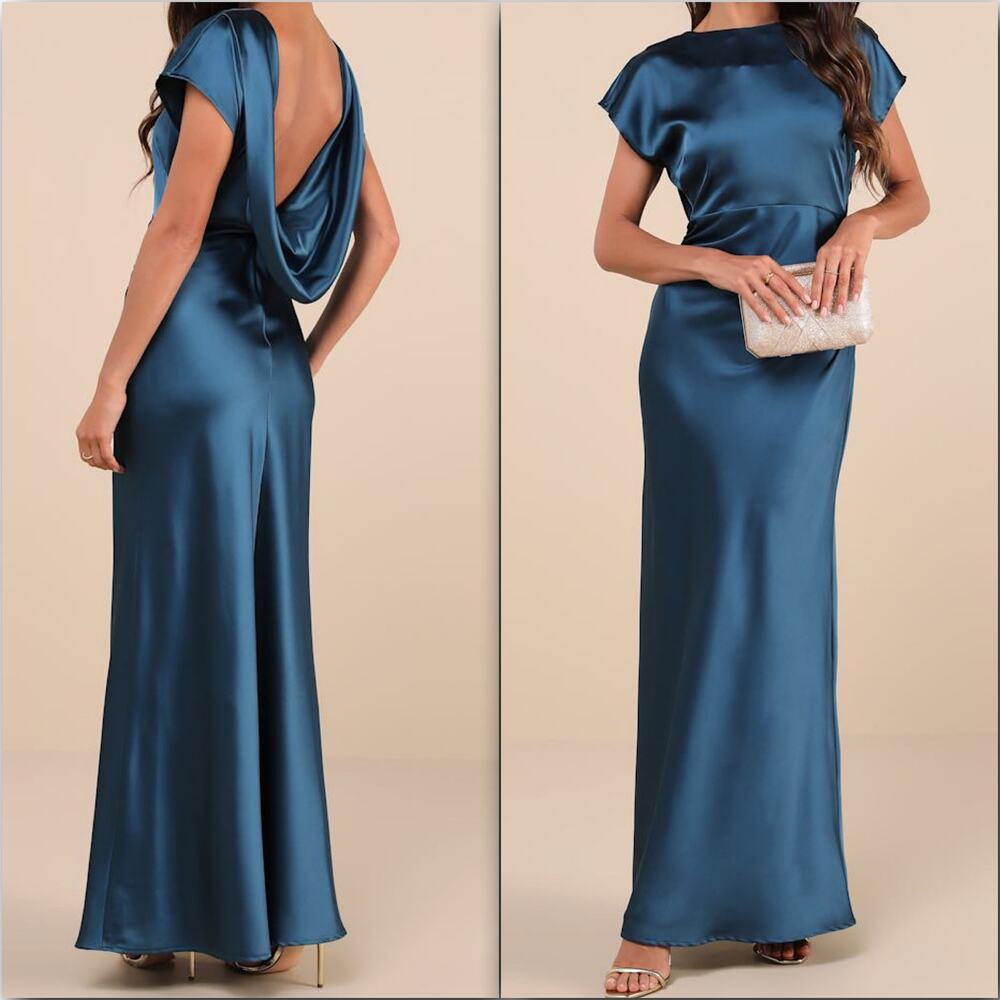 NEW Lulus Captivating Presence Dark Teal Satin Open Cowl Back Maxi Dress Large